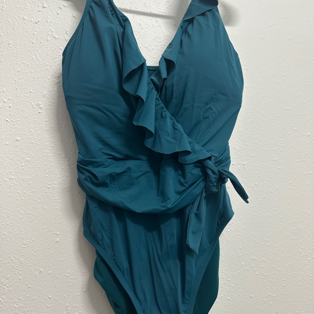 Bleu Rod Beattie Teal Swimsuit with Ruffle Accents